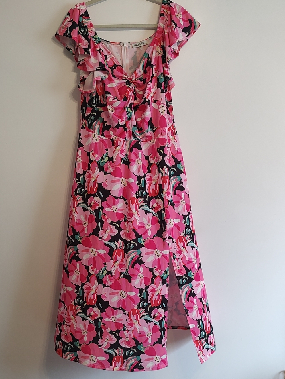 Pink Floral Midi Dress with Ruffle Shoulders